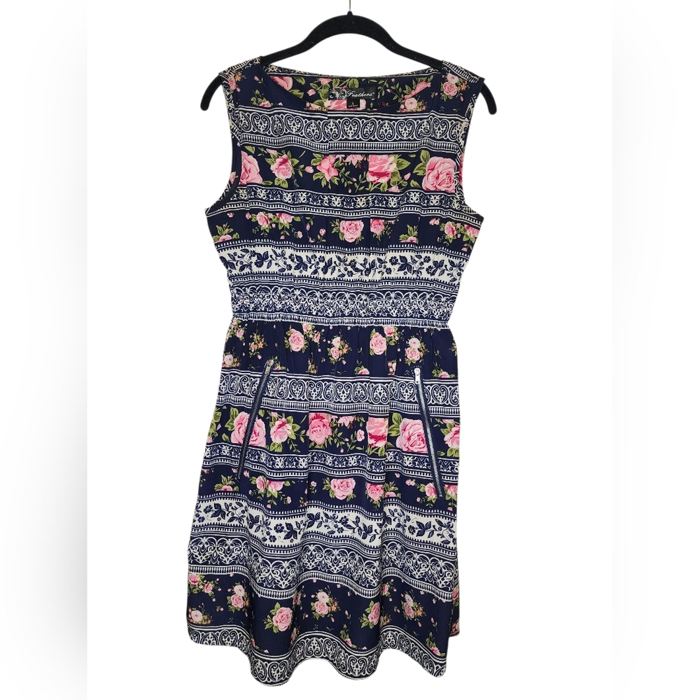 FEATHERS Navy Floral Boho Elastic Waist Zip Pocket Sleeveless mini dress, size L